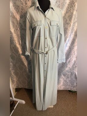 Michael Kors Chambray Denim Maxi Shirt Dress with Gold Belt